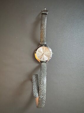 Michael Kors Silver Dial Watch with Gray Stingray-Pattern Wrap Strap